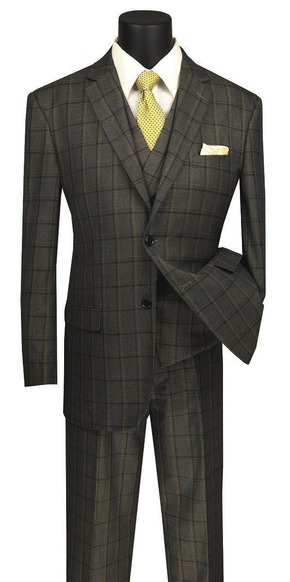 Atrani Collection - Regular Fit Windowpane Suit 3 Piece in Brownish Olive