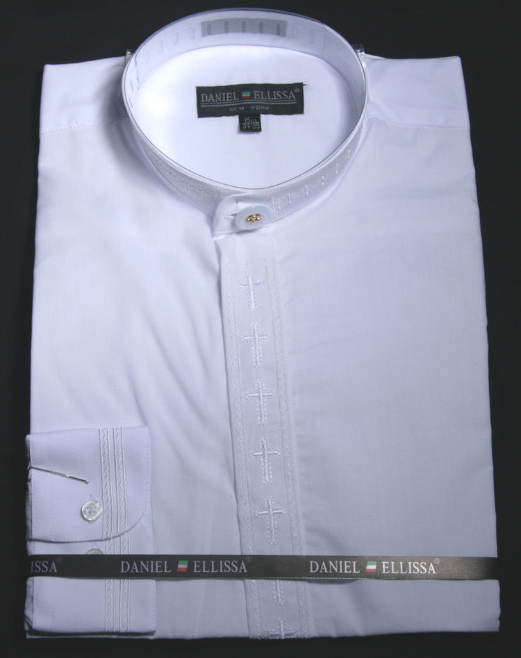 Men's Banded Collar Embroidered Shirt in White/White