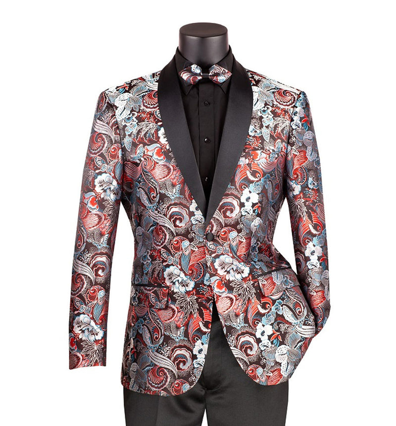 Burgundy Modern Fit Paisley Pattern Jacquard Fabric Jacket with Bow Tie