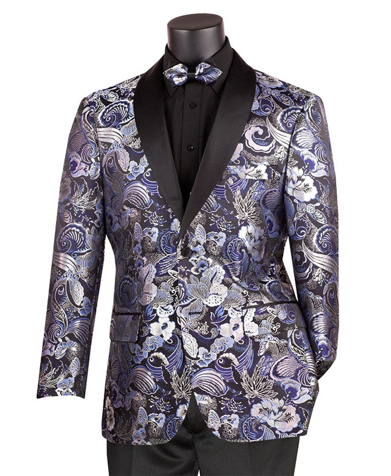Navy Modern Fit Paisley Pattern Jacquard Fabric Jacket with Bow Tie