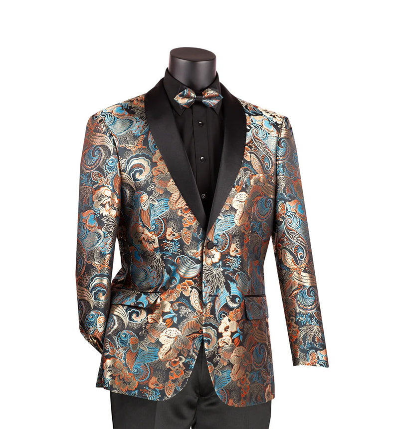 Teal Modern Fit Paisley Pattern Jacquard Fabric Jacket with Bow Tie
