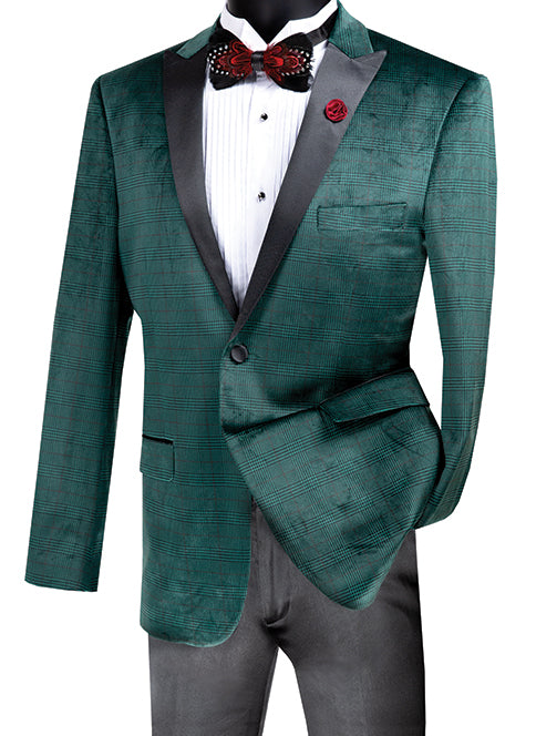 (S) Slim Fit Velvet Jacket 2 Button Peak Lapel Glen Plaid Pattern in Emerald