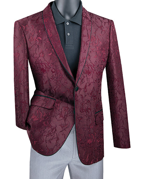 (M) Burgundy Slim Fit Blazer Floral Pattern 2 Button With Shawl Lapel
