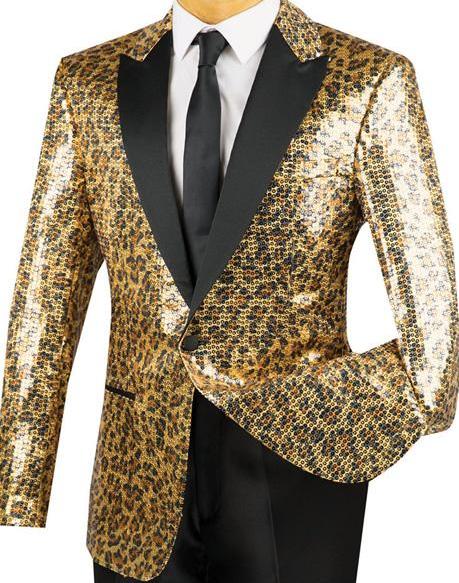 Regular Fit Gold Sequins Party Jacket With Trim Leopard Pattern