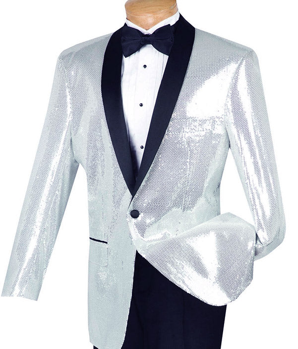 Spotlight Collection - Regular Fit Sliver-White Sequins Party Jacket