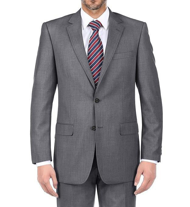 (44R) Gray 100% Virgin Wool Slim Fit Pick Stitch 2 Piece Suit 2 Button
