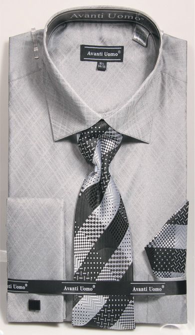 French Cuff Regular Fit Shirt in Gray with Tie, Cuff Links and Handkerchief