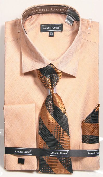 French Cuff Regular Fit Shirt in Tan with Tie, Cuff Links and Handkerchief
