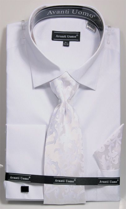 French Cuff Regular Fit Shirt in White with Tie, Cuff Links and Handkerchief