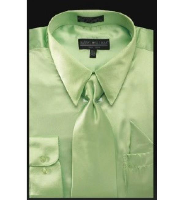 Satin Dress Shirt Regular Fit In Apple Green With Tie and Pocket Square