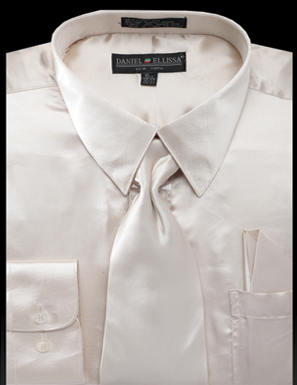 Satin Dress Shirt Regular Fit in Beige with Tie & Pocket Square