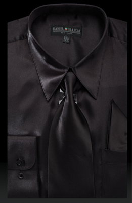 Satin Dress Shirt Regular Fit in Black With Tie and Pocket Square
