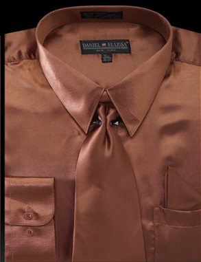 Satin Dress Shirt Regular Fit in Copper With Tie And Pocket Square