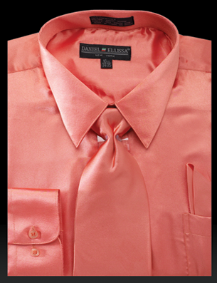 Satin Dress Shirt Regular Fit in Coral With Tie And Pocket Square