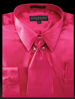 Satin Dress Shirt Regular Fit in Fuchsia With Tie And Pocket Square