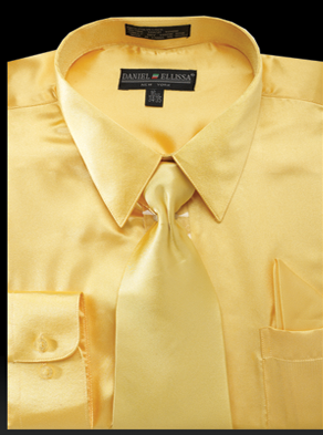 Satin Dress Shirt Regular Fit in Gold With Tie And Pocket Square