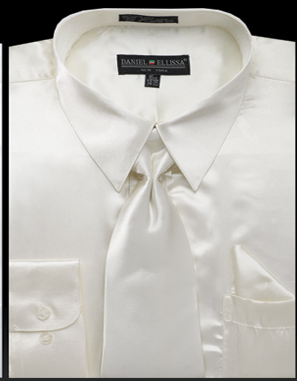 Satin Dress Shirt Regular Fit in Ivory With Tie And Pocket Square
