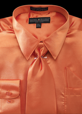 Satin Dress Shirt Regular Fit in Orange With Tie And Pocket Square