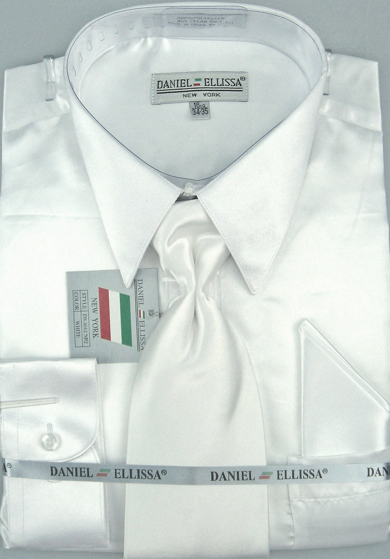 Satin Dress Shirt Regular Fit in White With Tie And Pocket Square