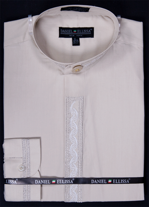 Basic Banded Collar Dress Shirt Wave Print in Beige