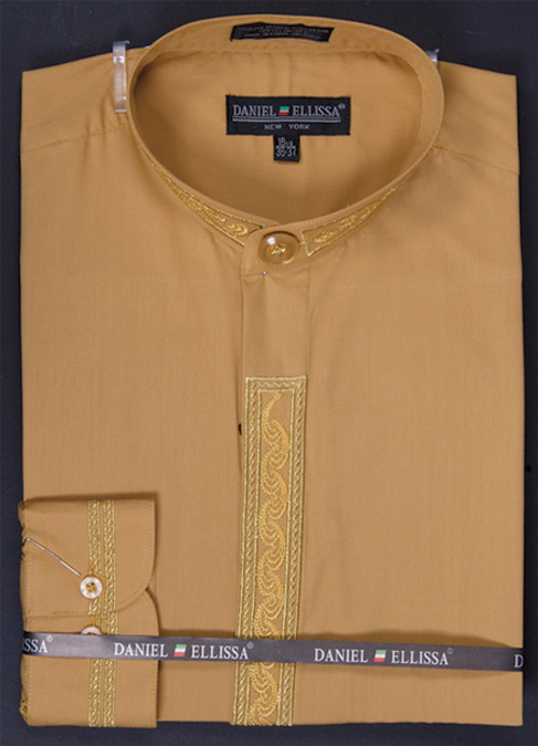 Basic Banded Collar Dress Shirt Wave Print in Honey/Gold