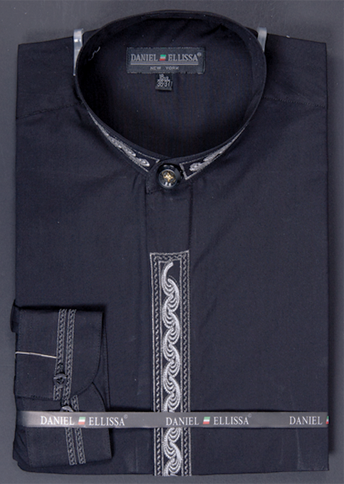 Basic Banded Collar Dress Shirt Wave Print in Black/Gray