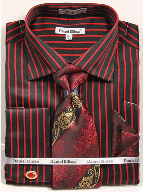 French Cuff Regular Fit Shirt Set Bold Stripe Black/Red with Tie, Cuff Links and Hanky