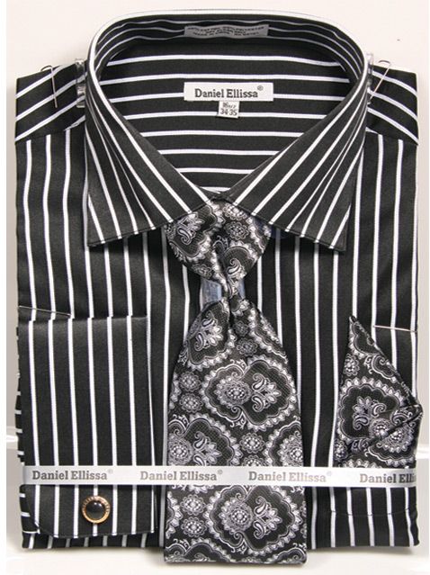 French Cuff Regular Fit Shirt Set Bold Stripe Black with Cuff Links, Tie and Hanky