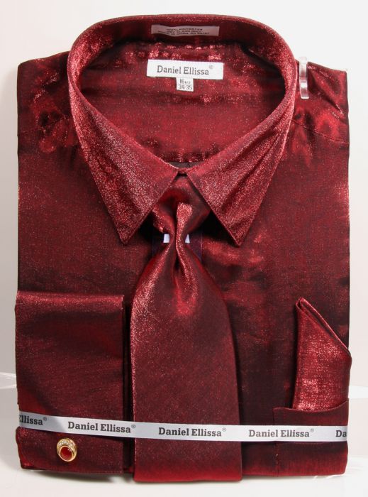 Burgundy Metallic Velvet Dress Shirt Set French Cuff