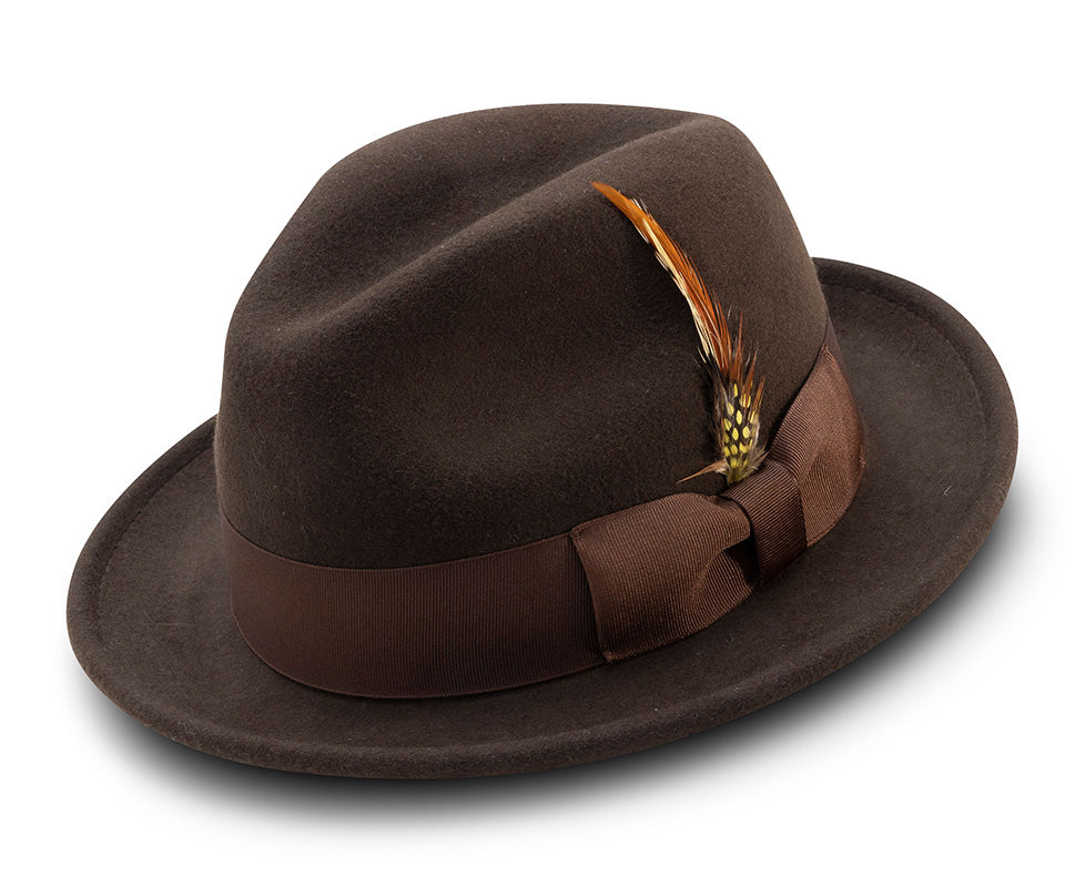 Men's Brown Wool Felt Fedora Hat Snap Brim Crushable