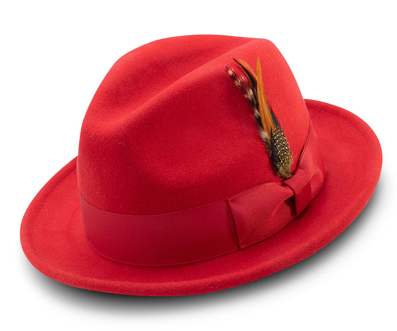 (L) Men's Red Wool Felt Fedora Hat Snap Brim Crushable