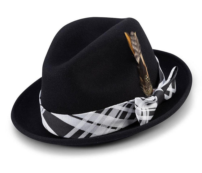 Black 2" Brim Plaid Ribbon Wool Felt Dress Hat