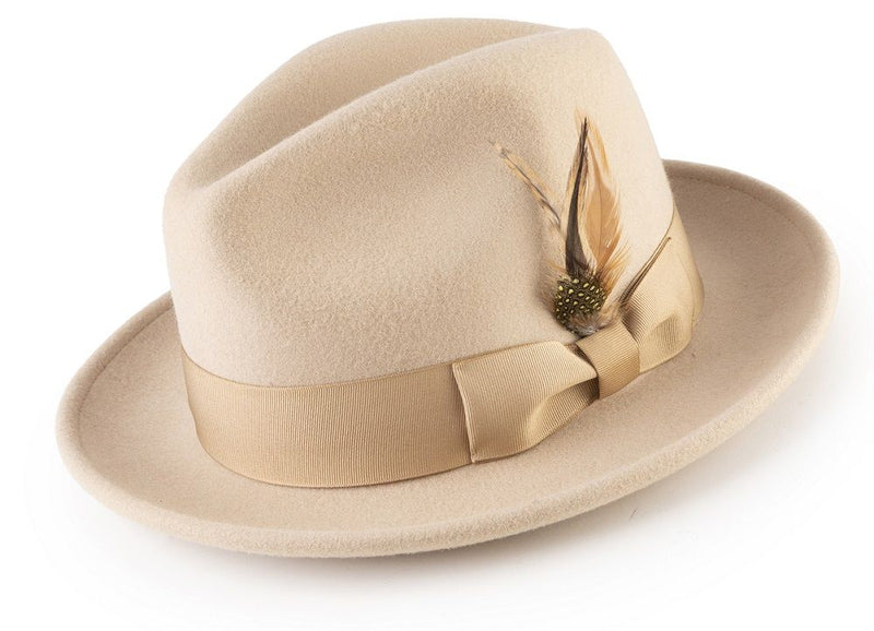 Wool Felt Fedora Pinch Front with Feather Accent in Beige