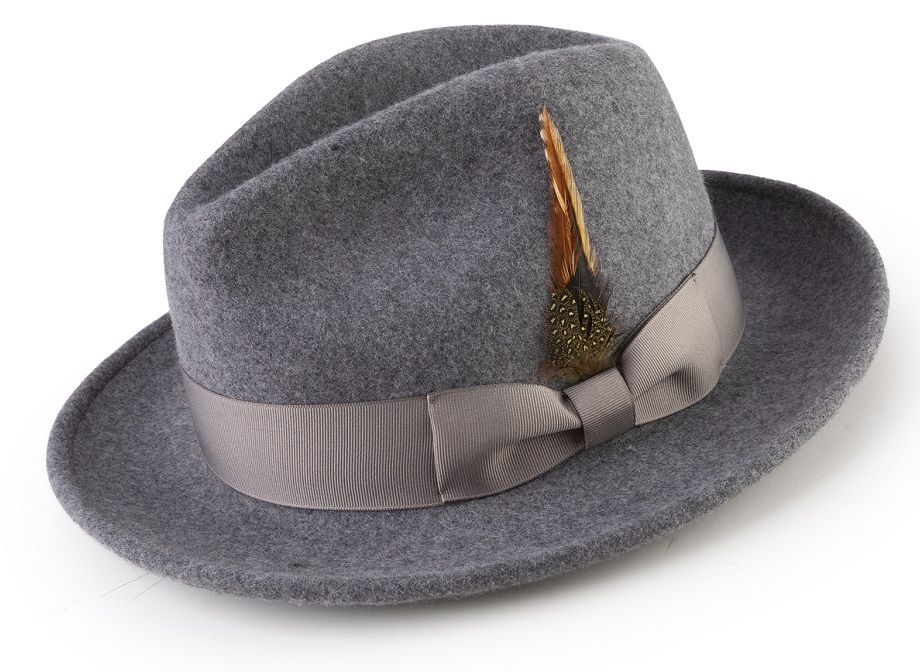 Wool Felt Fedora Pinch Front with Feather Accent in Gray