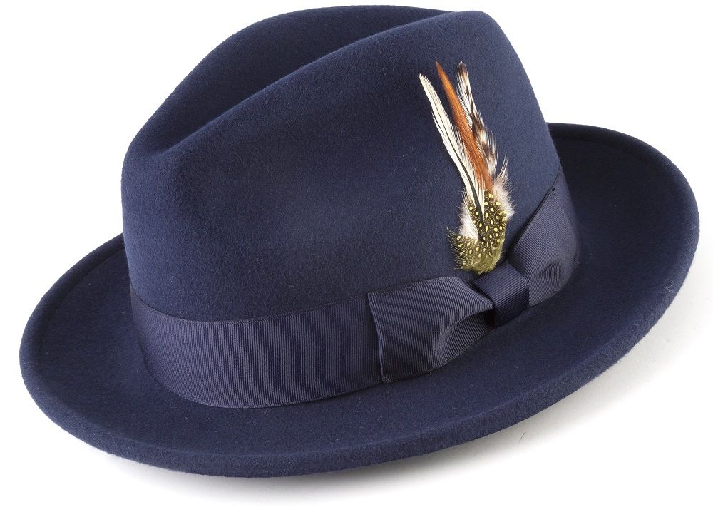 Wool Felt Fedora Pinch Front with Feather Accent in Navy