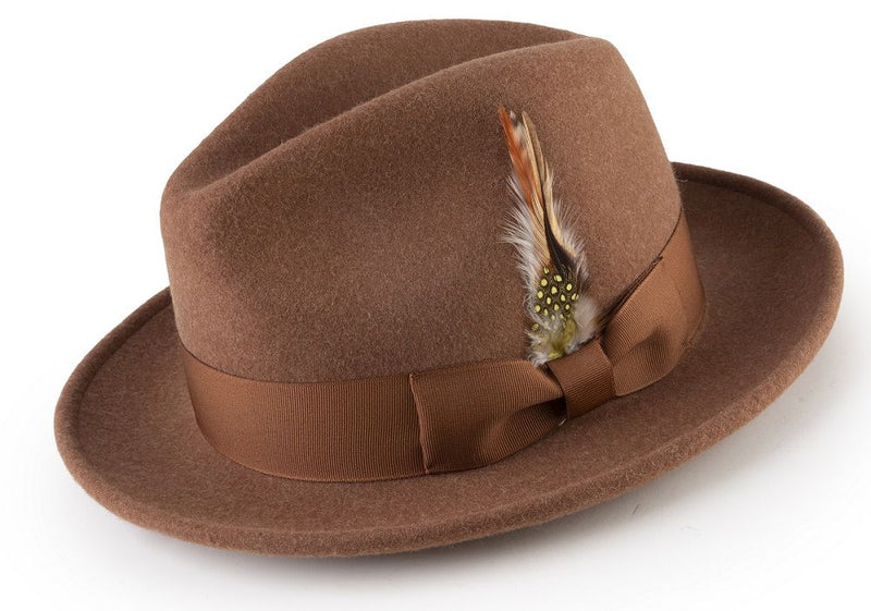 Wool Felt Fedora Pinch Front with Feather Accent in Tan