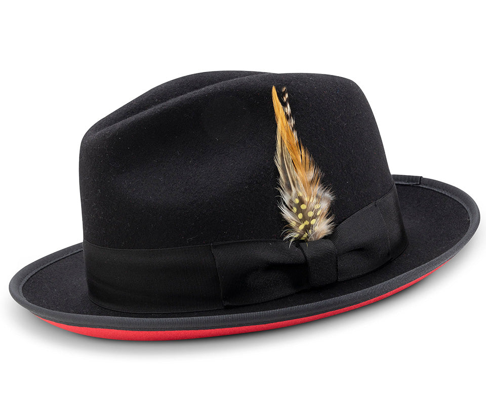 2 ⅜" Brim Wool Felt Dress Hat with Feather Accent Black with Red Bottom