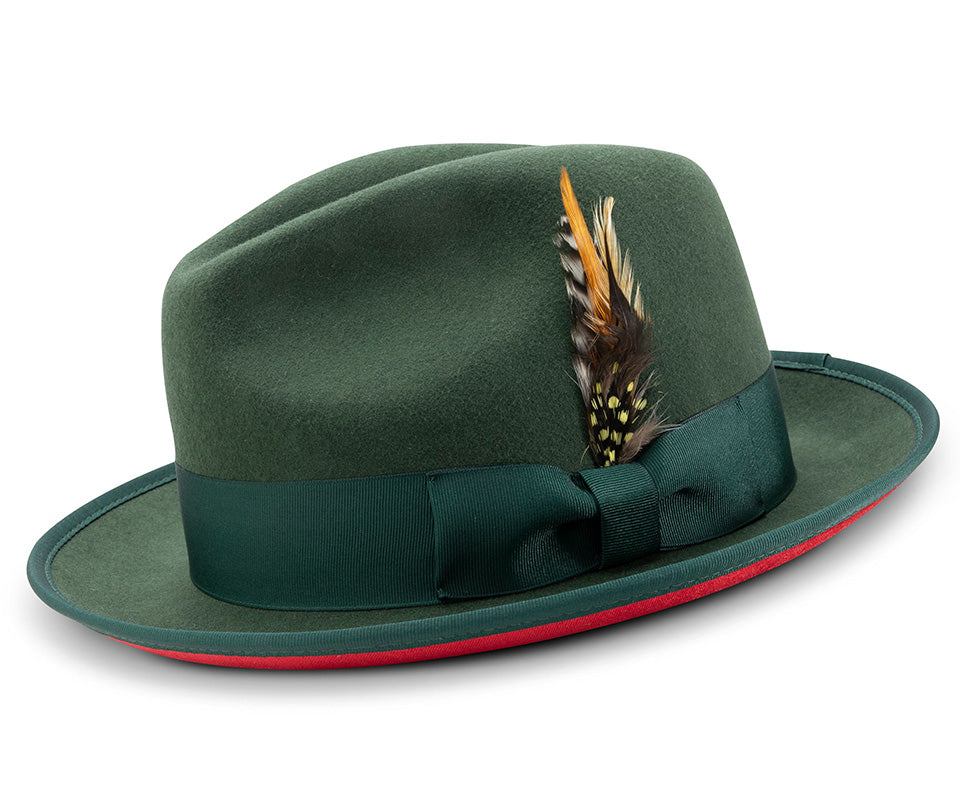 2 ⅜" Brim Wool Felt Dress Hat with Feather Accent Hunter Green with Red Bottom