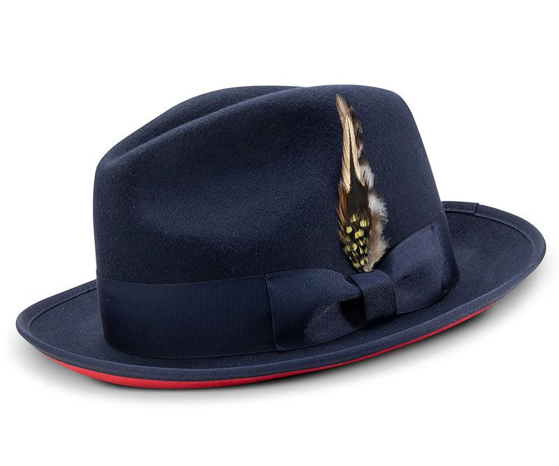 2 ⅜" Brim Wool Felt Dress Hat with Feather Accent Navy with Red Bottom