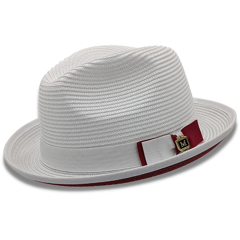 Two Tone Braided Ribbon Stingy Brim Pinch Fedora - White with Red Bottom