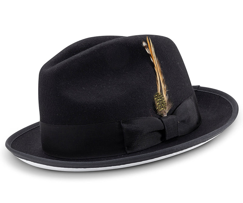 2 ¼" Brim Wool Felt Dress Hat Black with White Bottom