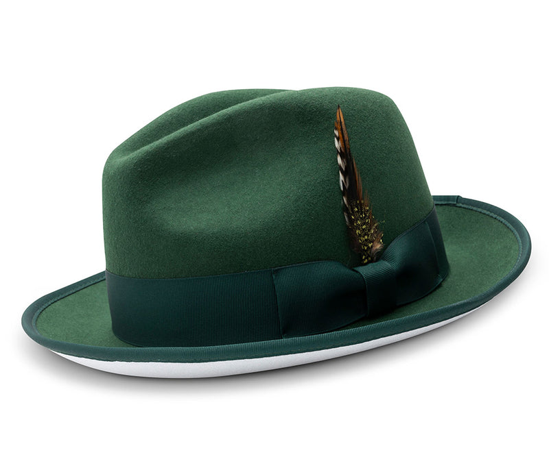 2 ¼" Brim Wool Felt Dress Hat Hunter Green with White Bottom