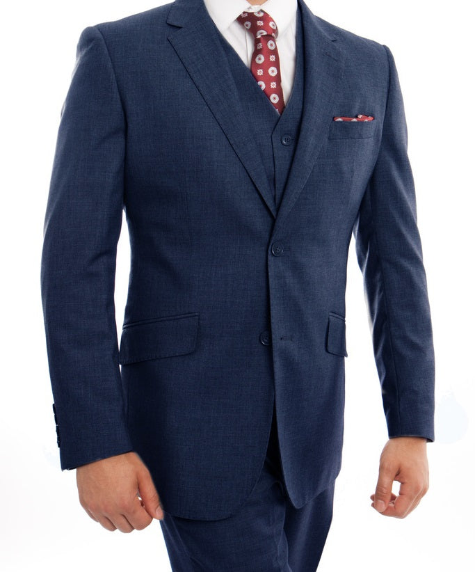 (46R) Wool Suit Modern Fit Italian Style 3 Piece in Indigo