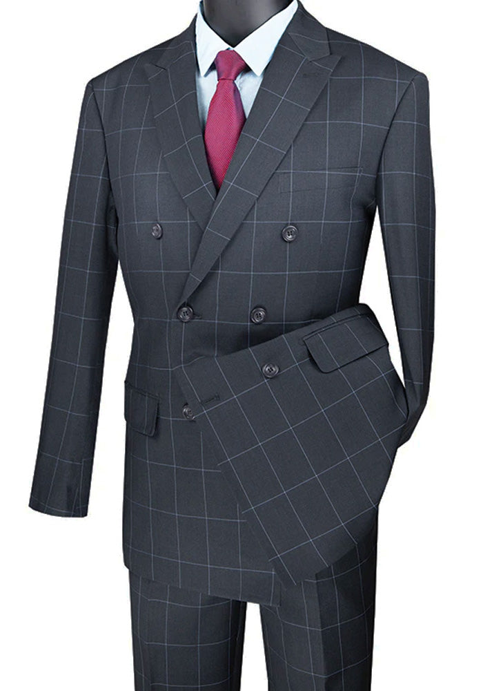 Naples Collection - Gray Modern Fit Double Breasted Windowpane Peak Lapel 2 Piece Suit