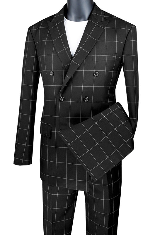 Naples Collection - Black Modern Fit Double Breasted Windowpane Peak Lapel 2 Piece Suit