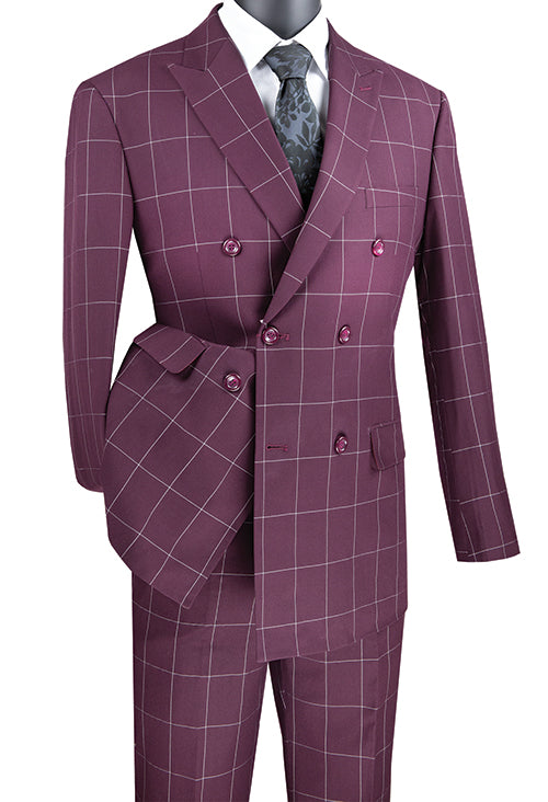 Naples Collection - Wine Modern Fit Double Breasted Windowpane Peak Lapel 2 Piece Suit