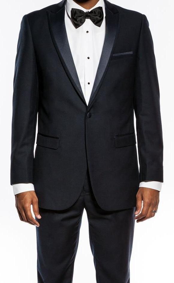 (36R, 40L) Navy Slim Fit 2 Piece Tuxedo With Satin Peak Lapel