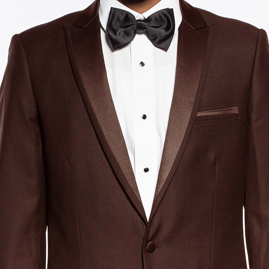 (38R, 38L) Brown Slim Fit 2 Piece Tuxedo With Satin Peak Lapel