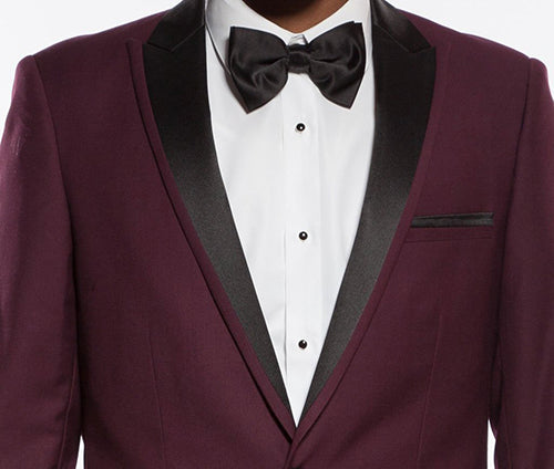 Burgundy Slim Fit 2 Piece Tuxedo With Satin Peak Lapel | Suits Outlets ...