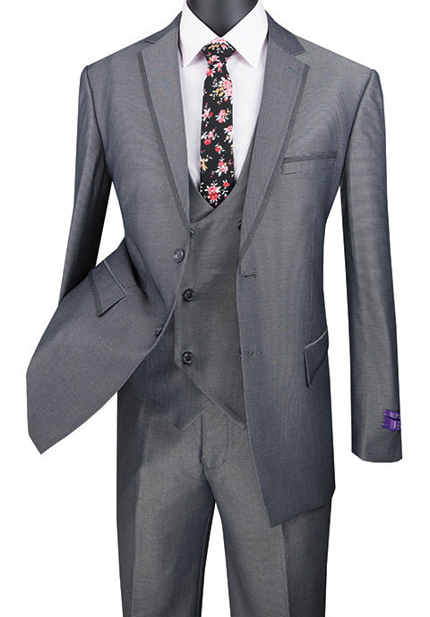 Birdseye Pattern Modern Fit 3 Piece Charcoal Suit with Contrast Trim